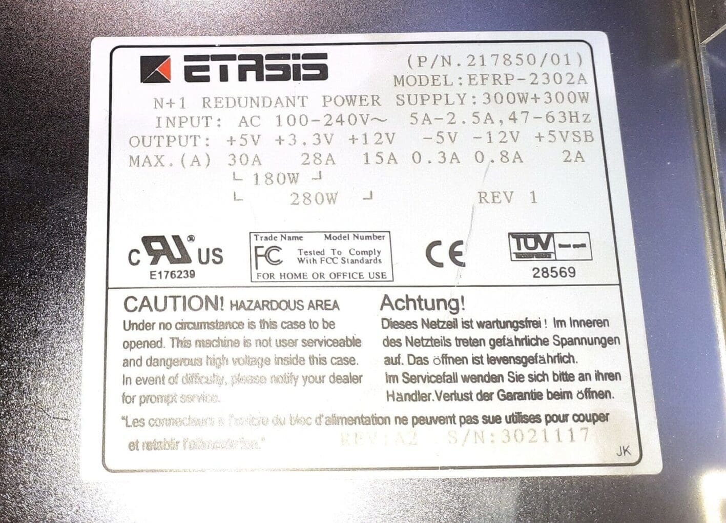 Alimentation Redondante ETASIS EFRP-S2603 600W (N+1) - Ouvert Mais Jamais Utilisée