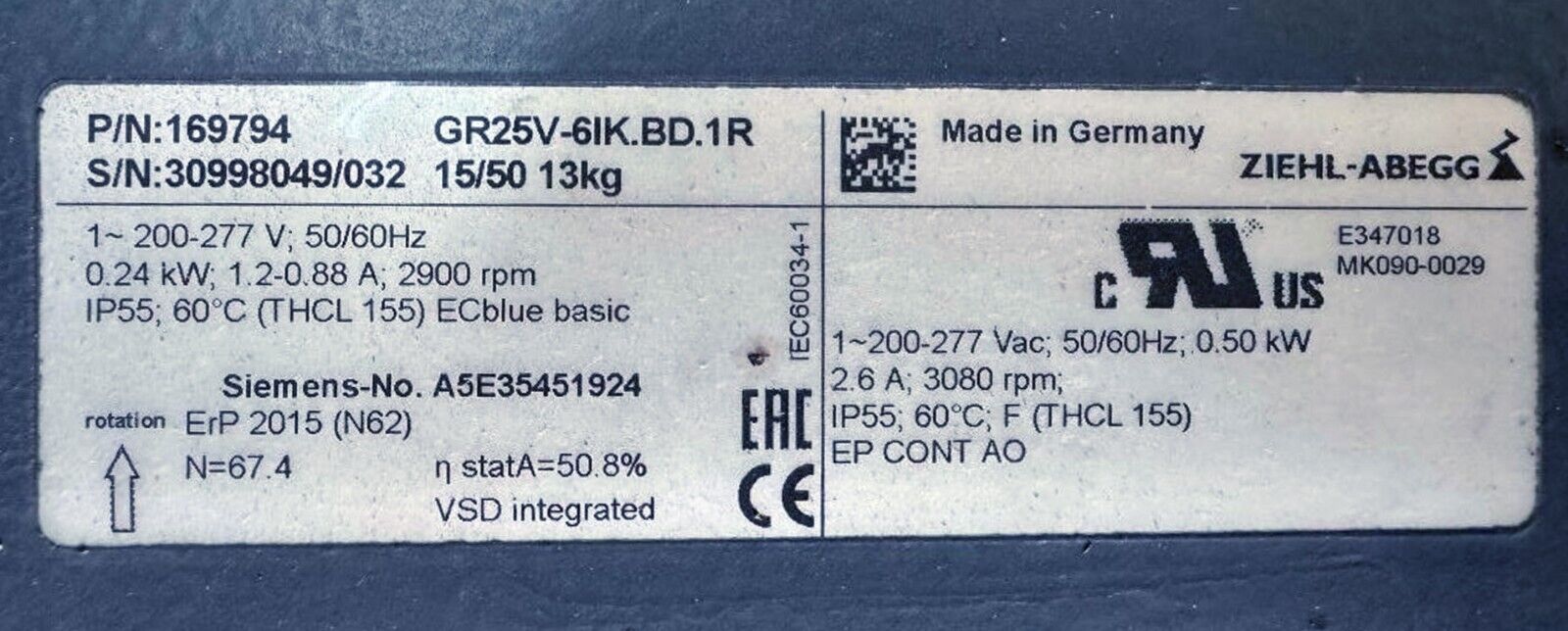 Siemens 1PH8 184-1DF102BA1Z Motor, 51–68 kW, 1500–2200 RPM